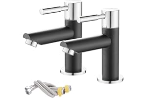 Maynosi Bathroom Basin Pillar Taps, Pair Basin Sink Mixer Taps, 1/4 Turn Washroom Pair Faucets, Twin Lever Modern Taps Pairs, Include Flexible Hoses, Brass (Mixed Colors)