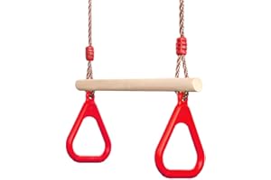 PELLOR Trapèze Balançoire en Bois avec Gymnastique Anneaux Enfants Portique Toboggan Jeux Jardin Extérieur Intérieur Rouge