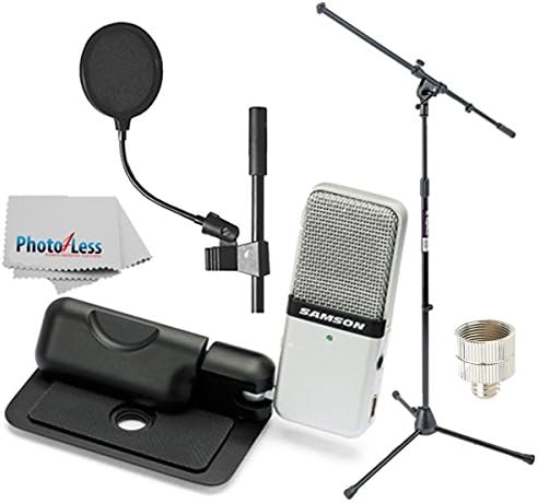 Samson Go Mic Portable USB Condenser Microphone Bundle with On-Stage MS7701B Euro Boom Microphone Stand, Pop Filter, Cleaning Cloth