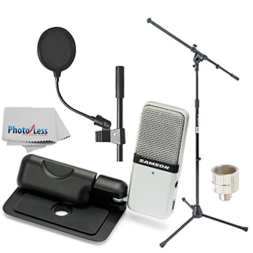 Samson Go Mic Portable USB Condenser Microphone Bundle with On-Stage MS7701B Euro Boom Microphone Stand, Pop Filter, Cleaning Cloth