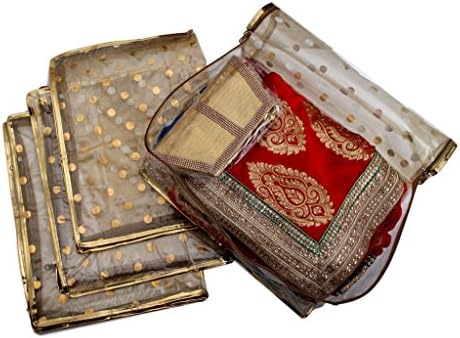 SRB11_DOT: Set of 1 - Large Gold and Clear gold saree / clothes bags with Gold polkadot mesh lining