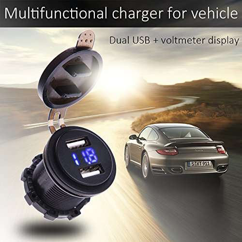 MICTUNING 12-24V LED Digital Voltmeter mit Dual USB Ladegerät Auto 4.2A Steckdose Voltmeter für Fahrzeug Motorrad Boot Blau - 2