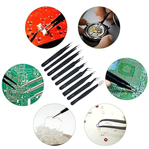 Rightwell 9 Stück Anti Statik Edelstahl Pinzetten mit Aufbewahungstasche,Perfekt für Computer, Elektronische Reparaturen, Schmuck, Labor und Präzisionsarbeit - 6