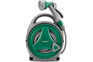 VIVO TECHNOLOGIES Garden Hose Reel 14M, Compact & Portable Hose Pipe Reel with 8 Adjustable Spray Gun Nozzles, Manual Retractable Garden Water Hose Reel,Outdoor Flexible Hose Reel Set for Garden Patios and Balconies