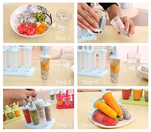 Joyoldelf 6-er Set Eis Lutscher Ice Pop Moulds Maker Eis Forme Wiederverwendbaren Stieleis-Formen für Kinder mit schenken 3 Silikon Eis Lutscher Formen (Blau) - 4