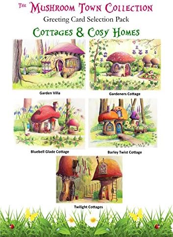 MUSHROOM TOWN COTTAGES &amp; COSY HOMES ILLUSTRATED A6 GREETING CARDS - PACK of 5 INDIVIDUAL DESIGNS, BLANK INSIDE