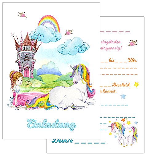 Einladungskarten Kindergeburtstag: Prinzessin und Einhorn Geburtstagseinladungen Einladungen Geburtstag Kinder Mädchen