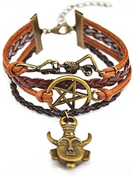 Amulett-Armband Supernatural Dean geflochtenes Leder Braun / Hellbraun Skelett Pentagramm Anhänger