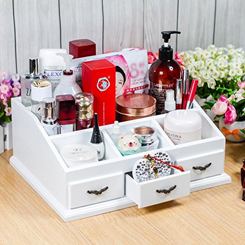 Popamazing Wooden Desk Makeup Organiser Cosmetic Holder Make Up Brush Cotton Pads Storage Drawers Dressing Desk Table Tidy Organiser/Box/Case/Caddy (White)