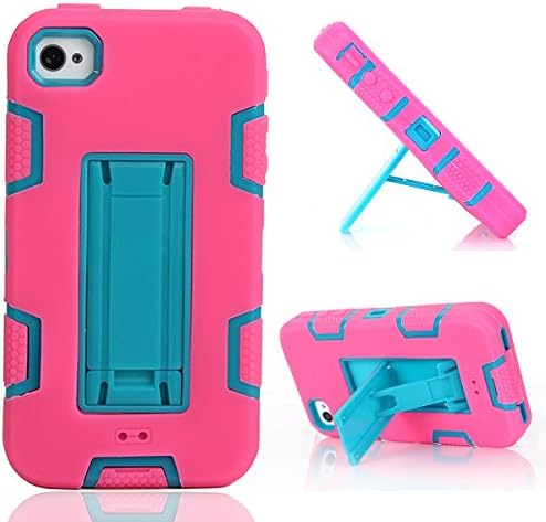 iPhone 4 Case, iPhone 4S Cover,GrandEver 3in1 Bumper Hybrid Hard Rigid PC + Soft Silicone Case with Stand Holder,iPhone 4S Solid Removable Full Body Protective Shell Anti-Scratch Shockproof TPU Rubber Cover for iPhone 4 -- Pink Blue
