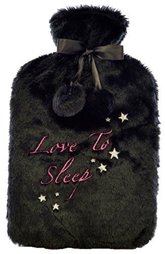 2 Litre Hot Water Bottle with Furry Cover ~ Sleeping Princess, Love To Sleep etc (Black Love To Sleep)