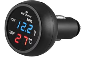 MiJunHD 3 in 1 Car Voltmeter, USB Charger Port & Thermometer & Car Battery Voltage Meter, LCD Digital Display Panel for 12V 24V Vehicles Bus Trucks Cigarette Lighter Port (Red Blue Light 1 Piece)