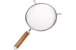 Nobel 20 cm Diameter Stainless Steel Double Mesh Food Strainer Colander - Fine Sieve Sifter with Wooden Handle for Kitchen Cooking, Pasta, Rice, Noodles, and More
