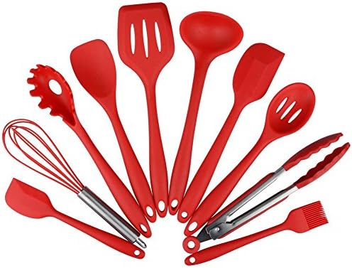 Silicone Kitchen Utensils Cooking Set of 10 Pieces Kitchen Baking Tools-Tongs,Whisk,Brush,Spatula,SlottedSpoon,NoodleSpoon,Rice Paddle,Slotted Spatulla,SoupSpoon-Premium Heat Resistant and Non-Stick Cooking Utensil