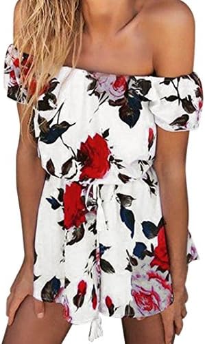 Bestoppen Women's Jumpsuit,Ladies Summer Sexy Short Sleeve Off Shoulder Bodycon Jumpsuit Casual Plus Size Floral Printed Bodysuit Playsuit Party Clubwear Jumpsuit For Women Ladies Girls (S, White)