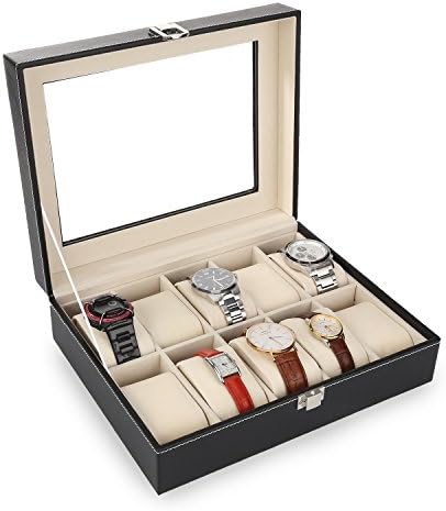 Amzdeal® 10 Grids Watch Display Box Case Watch Jewellery Storage Box Faux Leather(Black)