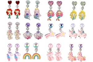 ZILZUFA Orecchini a Clip 12 Paia per Ragazze, Accessori in Resina Non Allergici, Gioielli da Principessa con Unicorno, Sirena, Arcobaleno