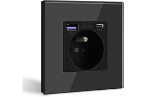 BSEED Gniazdo ścienne z USB C PD20W Zasilania 16 A 20W ze Szklanym Panelem, Listwa Zasilająca ścienna Odpowiednia do Smartfonów, Tabletów (1 Gniazdo z USB C PD20W, Czarny)