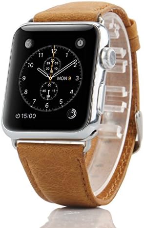 AWStech Vintage Apple Watch Strap 38mm Tan Brown Genuine Leather Band Replacement with Classic Buckle for Apple iWatch Series 1 Series 2 Sport Edition
