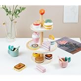 BLiSS HUES Wooden Afternoon Tea Party Set for Kids- Includes Pastries- Cookies- Cake Rack- Cups & Spoons- Children's Food Pla