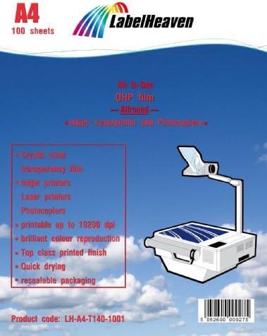 100 sheets OHP film compatible with Inkjet and Laser Printers (transparency film), A4 (210x297mm), crystal clear