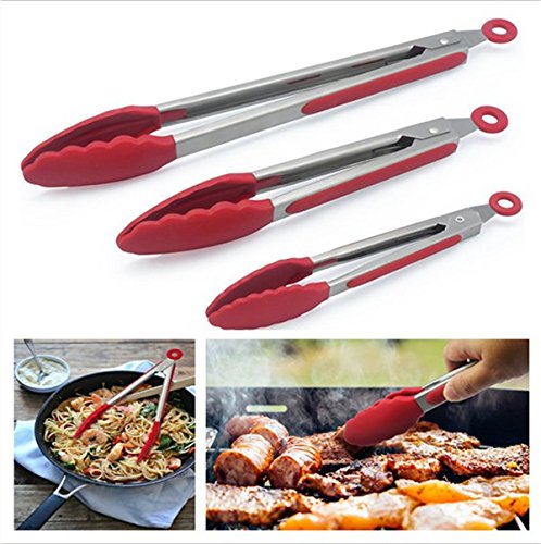 Pixnor Küche aus Edelstahl Essen Zangen mit Silikon-Tipps für BBQ, Kochen und Backofen, Set 3, rot - 7