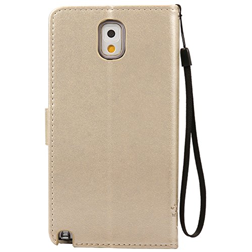 Schutzhülle für Samsung Galaxy Note 3 Golden, TOCASO Ultra Thin PU Leder Flip Cover Tasche Ledertasche Handytasche Hülle für Samsung Galaxy Note 3 Buchstil Handyhülle Protective Case Etui Bumper Schale Wallet vollständig schützende Design Katzen und Baum Schmetterling mit Magnetverschluss Ständerfunktion ID Karte Slots Pouch Soft Silikon Backcover Rückseite shell kunstlederhülle + Schwarz Stylus Pen - 3