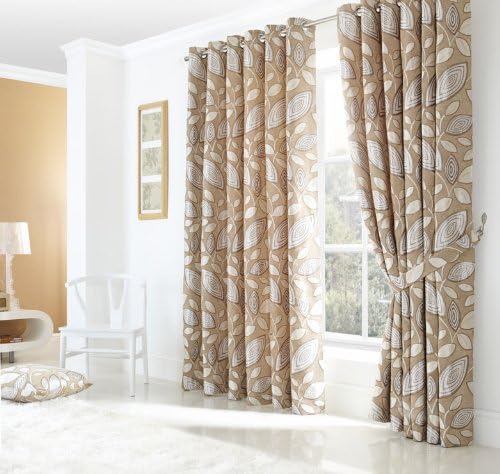 London Leaf Ring Top Curtains 66" x 54" drop Cream