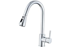 Heable Kitchen Sink Mixer Tap with Pull Down Sprayer Chrome, Single Handle High Arc Pull Out Kitchen Taps, Single Level Solid Brass Kitchen Faucet with UK Standard Fittings