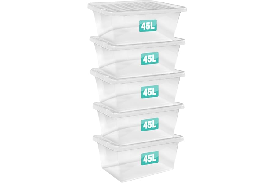Optimal Products 5 x 45 Litre Clear Plastic Storage Box With Lids UK BRITISH MADE Home Office Stackable Nestable Transparent Plastic Boxes, Size 5,11,24,28,35,45,62 Litre (5 Boxes, 45 Litre)
