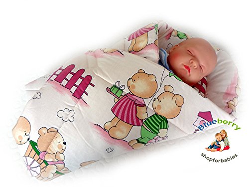 NEWBORN Baby Swaddle Wrap Blanket, duvet, Sleeping Bag BABY'S HORN (PINK BEARS)