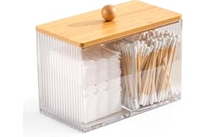 Byfoyif Boîte Coton Tige avec Couvercle Bois, Distributeur Coton Demaquillant Transparente, Rangement pour Produits Cosmétiques en Plastique, Boîte Rangement Maquillage, pour Salle de Bain Coiffeuse