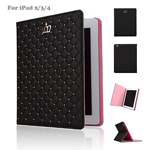 iPad Hülle, iPad 2/3/4 Schutzhülle, für Apple iPad 2, iPad 3, iPad 4 Fashion PU Leder KRONE Design Bling Schutz Smart Ständer Schutzhülle mit Auto Wake/Sleep schwarz schwarz