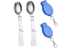 N\A 2-teiliges faltbares Spork-Löffel-Set, Camping-Besteck, Löffel und Gabel aus Edelstahl, für Outdoor, Camping und Wandern, mit 2 blauen Etuis