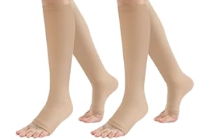 ODTMGER 2 Paar Kompressionsstrümpfe für Damen und Herren, Unterstützung 20–30 mmHg, kniehohe, offene Zehen, Knöchelgewölbe, Wadenbeinsocken für die Durchblutung, Vorbeugung gegen Krampfadern (L/XL, Beige)