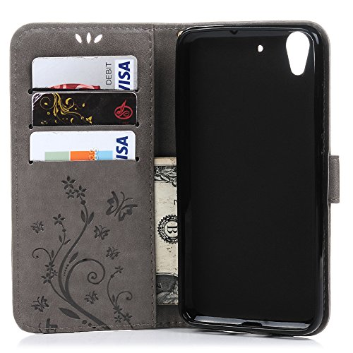 Huawei Y6 II / Y6 2 Hülle Case YOKIRIN Gray PU Leder Flip Tasche Ledercase Cover Wallet Handyhülle Folio Schutzhülle Handytasche Handyschale mit Standfunktion Kredit Kartenfächer Magnetverschluss in Muster:Schmetterling Blumen - 7