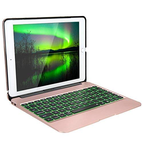 iEGrow Funda de Teclado iPad Air 2 para Modelo A1566 / A1567 y iPad Pro 9.7 para A1673 / A1674 / 1675, F06 Teclado Delgado de Aluminio Bluetooth (Español, Oro Rosa)