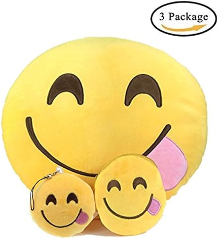 Smiley Emoticon Pillow Key Chain and Coin Purse - Yellow Round Emoticon Cushion Stuffed Plush Soft Face Doll Toy Decor - Perfect Gift (Pillow-E)
