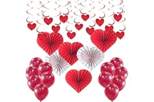 AVISKI 33Pz Grande Kit di Decorazioni per San-Valentino - Forma di Cuore Stelle Filanti e Pendenti a Spirale, Love Ventaglio Pieghevole di Carta Forma di Cuore, Red Valentines Balloons Valentines Decorations