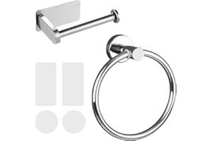 SANEIYA Self Adhesive Toilet Paper Roll Holder and Hand Towel Ring Set for Bathroom - 304 Stainless Steel No Drilling Easy Installation (Silver)