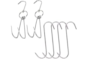 GRIZEF 2pcs 10inch Stainless Steel Roast Duck Double Meat Hooks + 4pcs 5 inch S-Hooks for Bacon Hams Meat Processing Butcher Hook Hanging Drying BBQ Grill Cooking Smoker Hook Tool （6pcs）