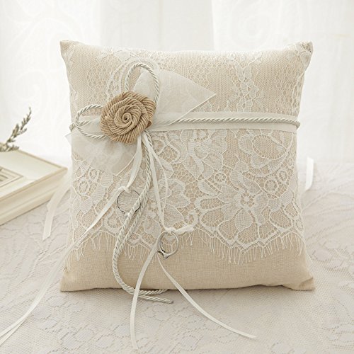 VClife® Ringkissen Hochzeit Vintage Ivory Braun Blumen Spitze Tüll Braut Bräutigam Ringe Dekoartikel Ehering Kissen 21 x 21cm