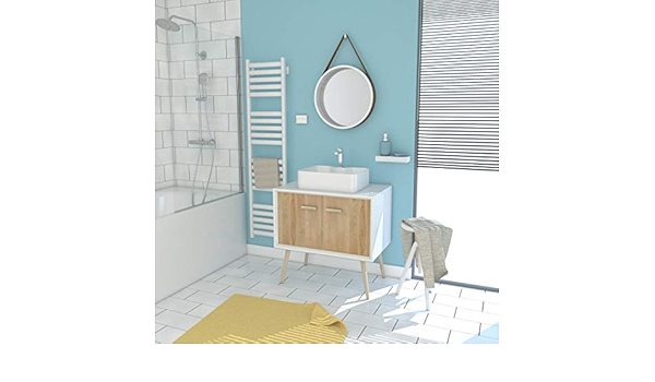 Meuble Salle De Bain Scandinave Blanc Et Bois 80 Cm Sur Pieds Vasque A Poser Et Miroir Rond Amazon Fr Cuisine Et Maison