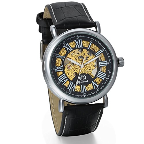 JewelryWe Herren mechanische Armbanduhr, Business Casual Skelett Mechanik Leder Armband Uhr mit rmische Ziffern Zifferblatt, Schwarz Gold JewelryWe Herren mechanische Armbanduhr, Business Casual Skelett Mechanik Leder Armband Uhr mit rmische Ziffern Zifferblatt, Schwarz Gold
