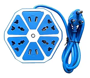 Rewy Made in India Heavy Duty Electrical Extension Cord Hexagon Cord Power Socket with 4 USB Port for Computer/Mobile 4 Socket Surge Protector Extension Board for Home & Office (Blue)