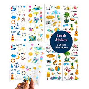 Navy Peony Happy Beach Holiday Sticker Sheet for Scrapbooks, Planners (8 Sheets) - Waterproof Summer Stickers for Water Bottles - Cute Tropical Decals for Laptops, Phone Cases - Great for Teens, Girls