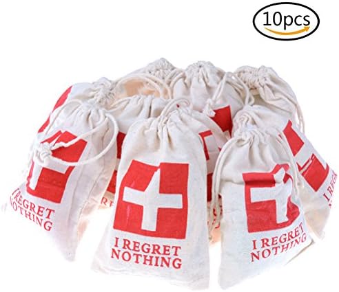 WuliRose 10 Pcs Hangover Kit Bags Recovery Kit Drawstring Bags Survival Kit First Aid Favor Kit Bags Red Cross Cotton &amp; Muslin Bags for Wedding Party