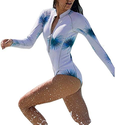 AHOOME Women's Swimsuit Long Sleeve Zip UV Protection Print Surfing Swimwear Bathing Suits(White XL)