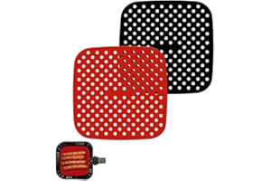 Azlanway Alfombrillas de silicona para freidora de aire caliente, 2 unidades, color rojo y negro, accesorios reutilizables, antiadherentes y resistentes al calor, papel de silicona perforado, apto