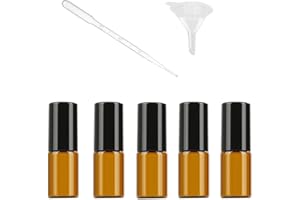 SKYPRO NA 5 szt. 3 ml butelek z olejkami eterycznymi do wielokrotnego napełniania, brązowe bursztynowe szklane butelki z kulkami ze stali nierdzewnej - w zestawie 1 lejek i 1 plastikowa pipeta